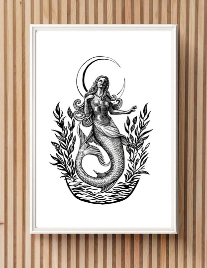 "Mermaid" Signed Print, Ink Drawing