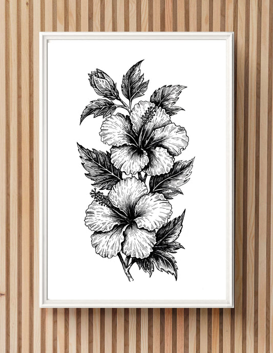 "Hibiscus" Signed Print, Ink Drawing